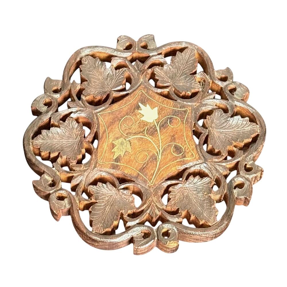 Vintage MCM Retro Ornate Footed Hand Carved  Rosewood Trivet w/Brass Leaf Inlays
